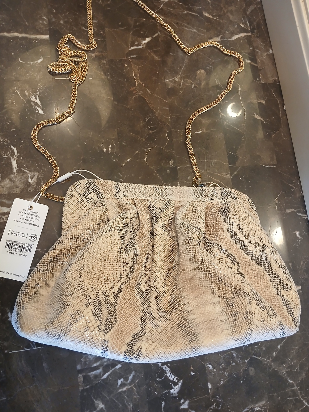 Urban Expressions Vegan Snake-Print Crossbody in Beige and Black with Gold Chain - Picture 4 of 14